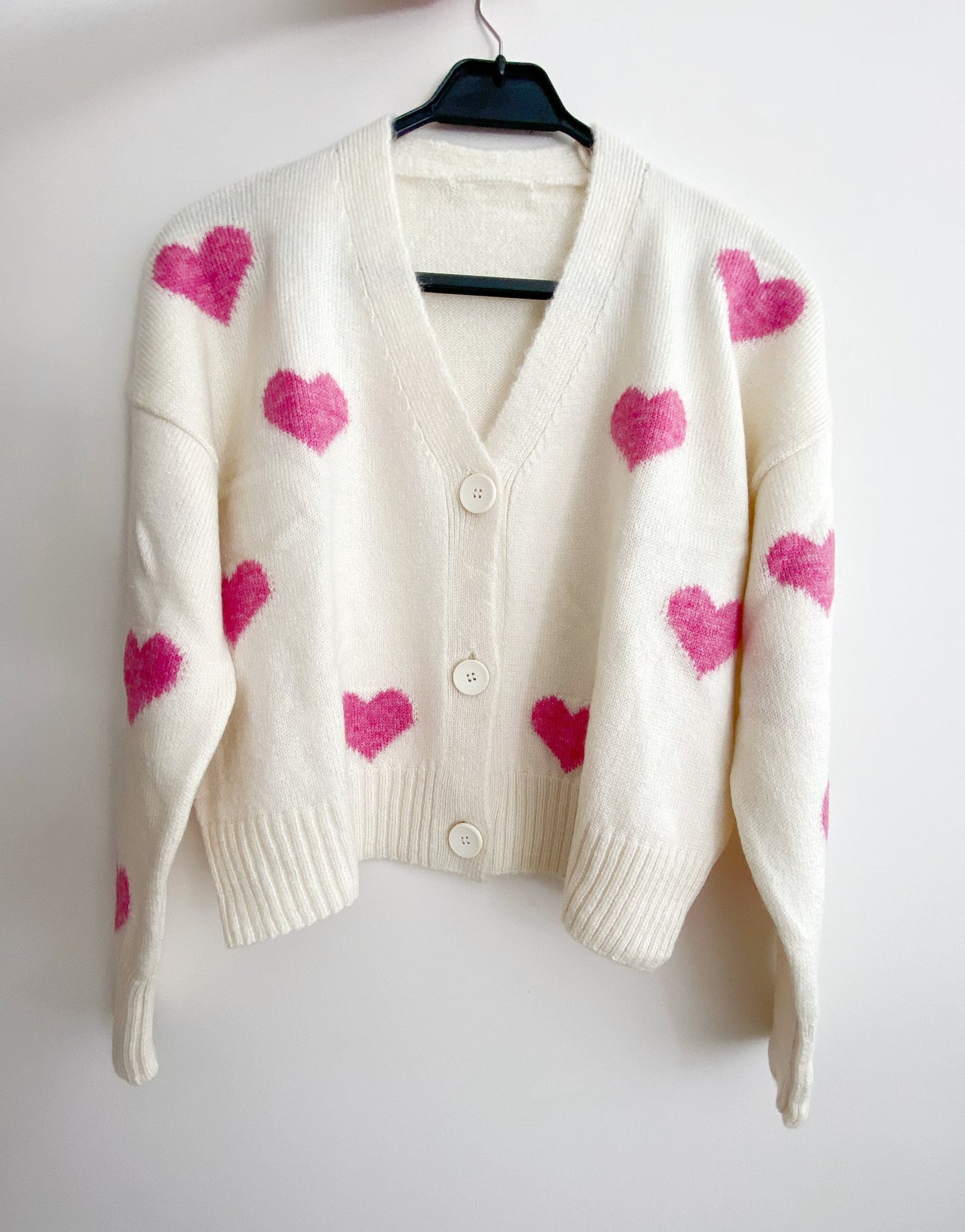 Handmade Soft Pink Chunky Heart Cardigan | Red Punch Needle Hearts Wool-Cotton Knit Crop Sweater | Romantic Y2K Winter Top for Women | Valentine's Gift | Made in India