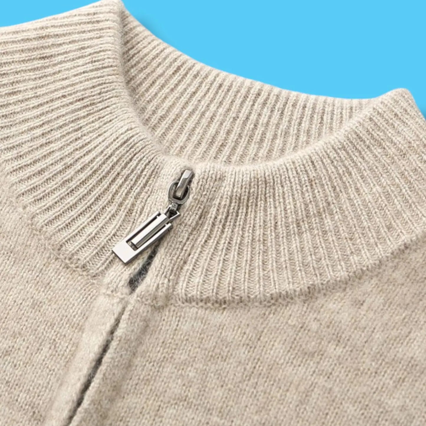 100% Merino Wool Men's Sweater, Cashmere Knit Long Sleeve Top, Mock Collar Zip Cardigan, Thick Winter Warm Outerwear, Winter Clothing