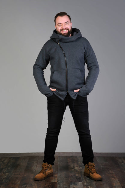 Mens Clothing, Asymmetrical Zip Hoodie, Winter Style, Custom Clothing, Cozy Clothing Gift, Big Hooded Hoodie, Handmade Sweaters,Cold Weather