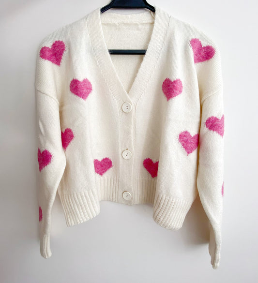 Handmade Soft Pink Chunky Heart Cardigan | Red Punch Needle Hearts Wool-Cotton Knit Crop Sweater | Romantic Y2K Winter Top for Women | Valentine's Gift | Made in India