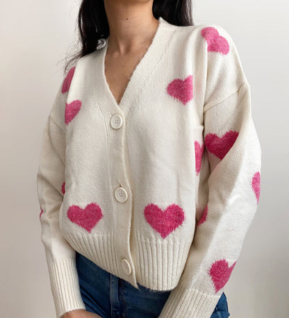 Handmade Soft Pink Chunky Heart Cardigan | Red Punch Needle Hearts Wool-Cotton Knit Crop Sweater | Romantic Y2K Winter Top for Women | Valentine's Gift | Made in India