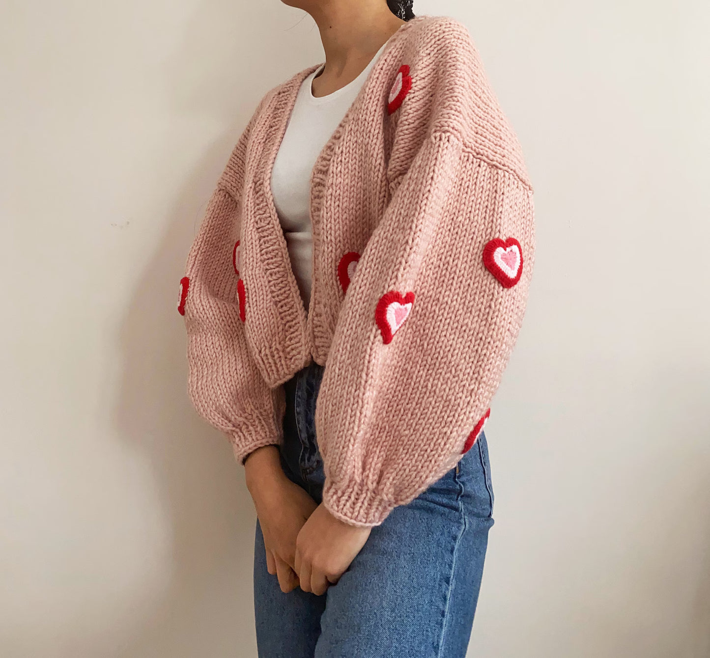 Handmade Soft Pink Chunky Heart Cardigan | Red Heart Applique Wool-Cotton Knit Crop Sweater | Y2K Romantic Winter Top for Women | Made in India