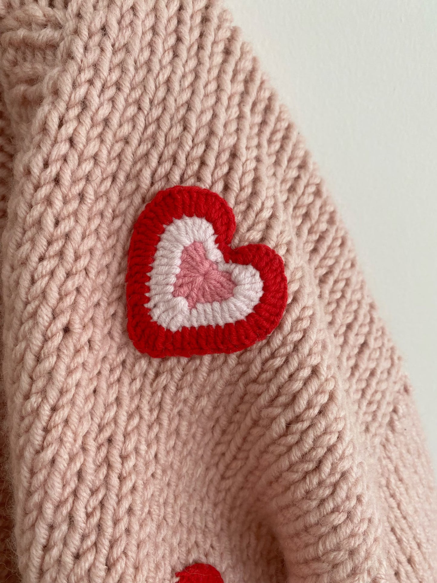 Handmade Soft Pink Chunky Heart Cardigan | Red Heart Applique Wool-Cotton Knit Crop Sweater | Y2K Romantic Winter Top for Women | Made in India