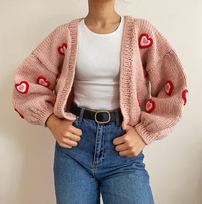 Handmade Soft Pink Chunky Heart Cardigan | Red Heart Applique Wool-Cotton Knit Crop Sweater | Y2K Romantic Winter Top for Women | Made in India