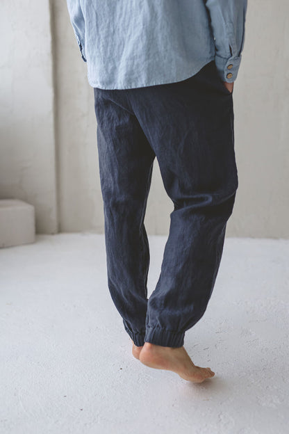 Men's Relaxed Fit Linen Cargo Joggers: Elastic Waist Trousers