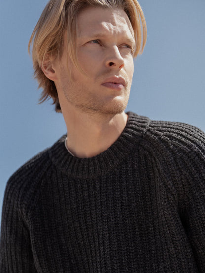 Classic Men Pullover Sweater, Black Wool Sweater Crew Neck for Men, Scandinavian Style Winter Jumper, Merino Wool Pullover / TORO