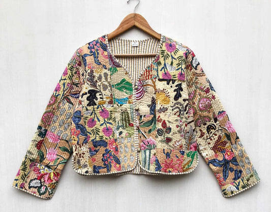 Floral Quilted Jackets Cotton green Bohemian Style Fall Winter Jacket Coat vintage Boho wedding Reversible kantha Jacket for Women patchwork