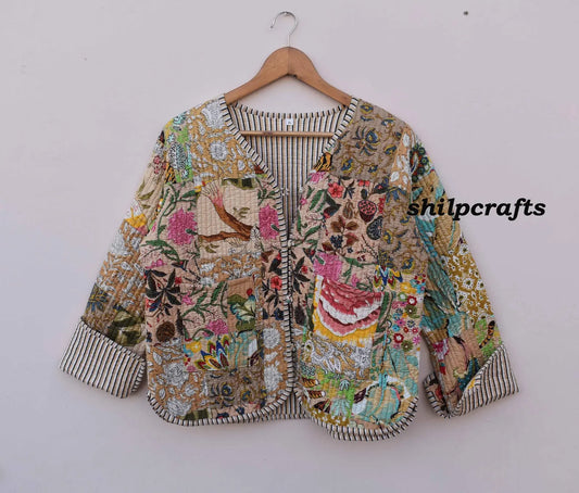 Floral Quilted Jackets Cotton green Bohemian Style Fall Winter Jacket Coat vintage Boho wedding Reversible kantha Jacket for Women patchwork