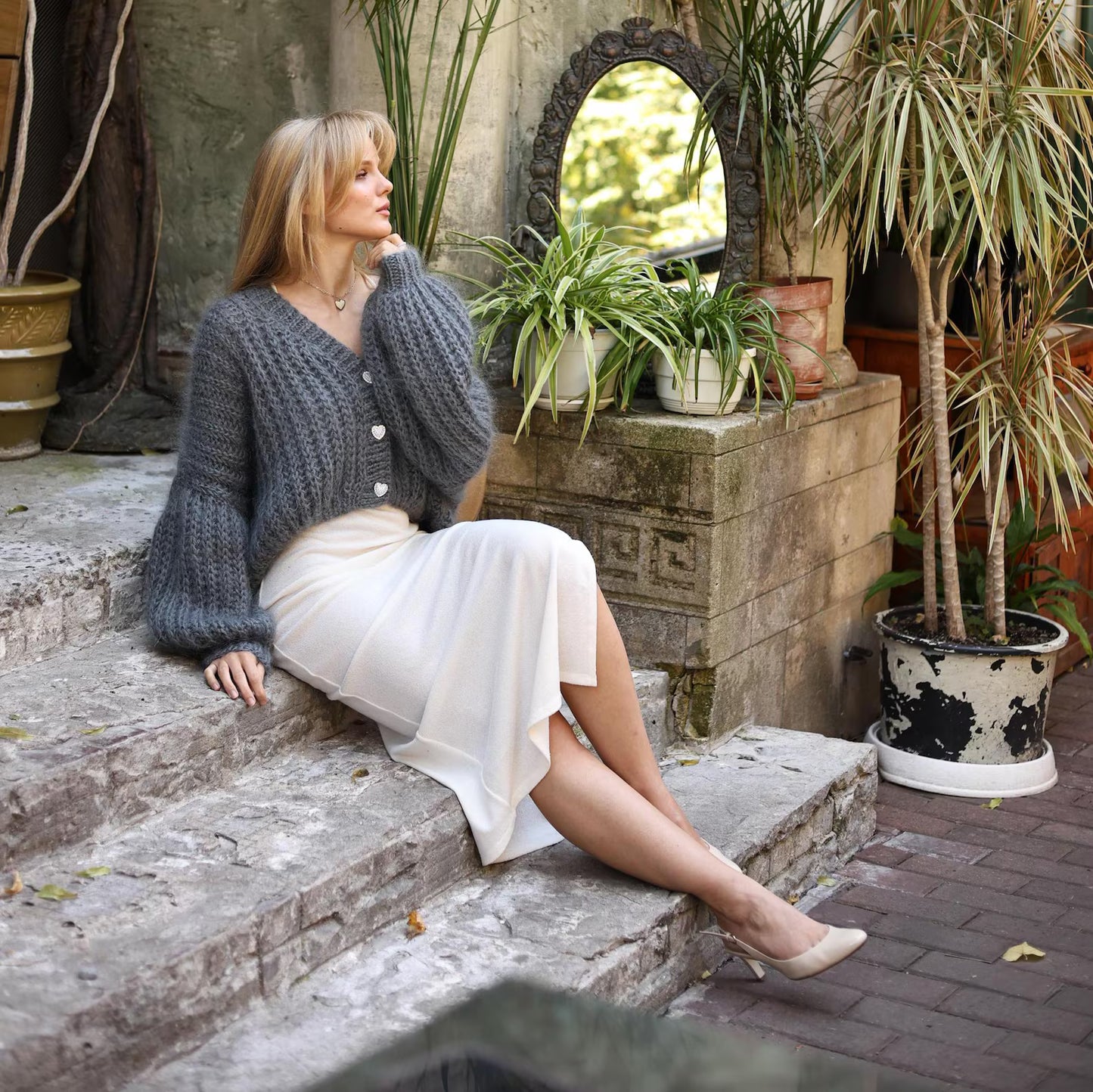 Handmade Mohair Cardigan: Oversized Chunky Knit Sweater with Balloon Sleeves