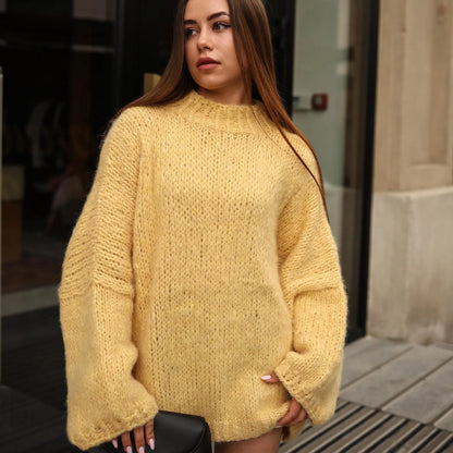 Hand-Knit Alpaca Wool Balloon Sleeve Sweater: Lemon Yellow Oversized Fit