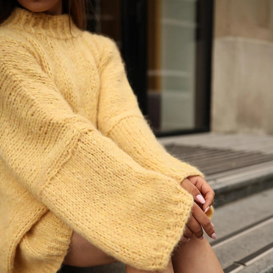 Hand-Knit Alpaca Wool Balloon Sleeve Sweater: Lemon Yellow Oversized Fit