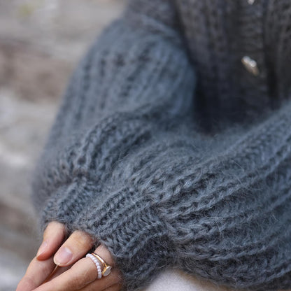 Handmade Mohair Cardigan: Oversized Chunky Knit Sweater with Balloon Sleeves