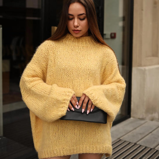 Hand-Knit Alpaca Wool Balloon Sleeve Sweater: Lemon Yellow Oversized Fit