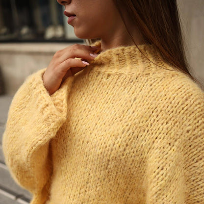 Hand-Knit Alpaca Wool Balloon Sleeve Sweater: Lemon Yellow Oversized Fit