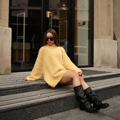 Hand-Knit Alpaca Wool Balloon Sleeve Sweater: Lemon Yellow Oversized Fit