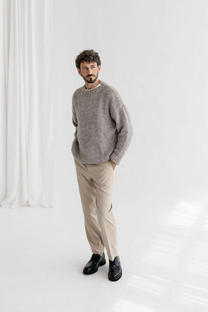 Chunky knit light gray alpaca wool sweater for men, grey cable knitted men's jumper, handmade thick winter minimalist pullover, gift for man