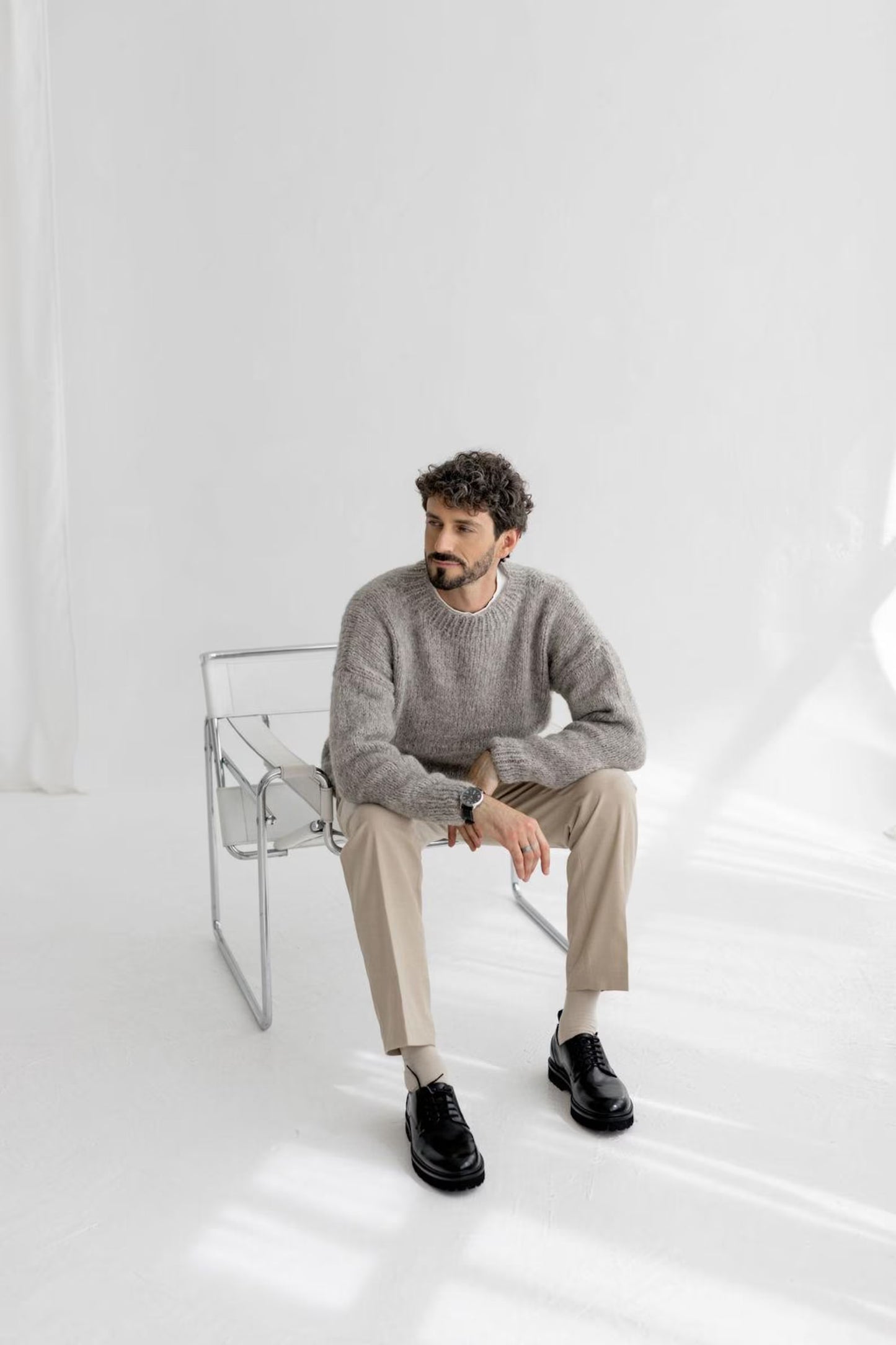 Chunky knit light gray alpaca wool sweater for men, grey cable knitted men's jumper, handmade thick winter minimalist pullover, gift for man