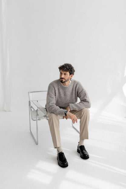 Chunky knit light gray alpaca wool sweater for men, grey cable knitted men's jumper, handmade thick winter minimalist pullover, gift for man