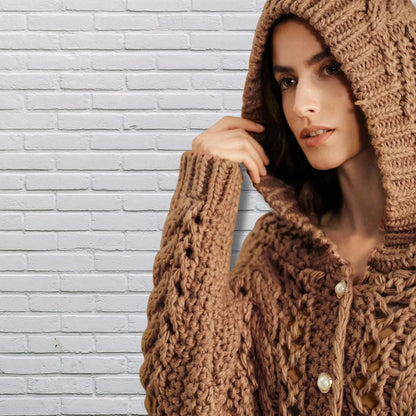Handmade Crochet Knit Hooded Cardigan: Maillard Autumn Sweater for women