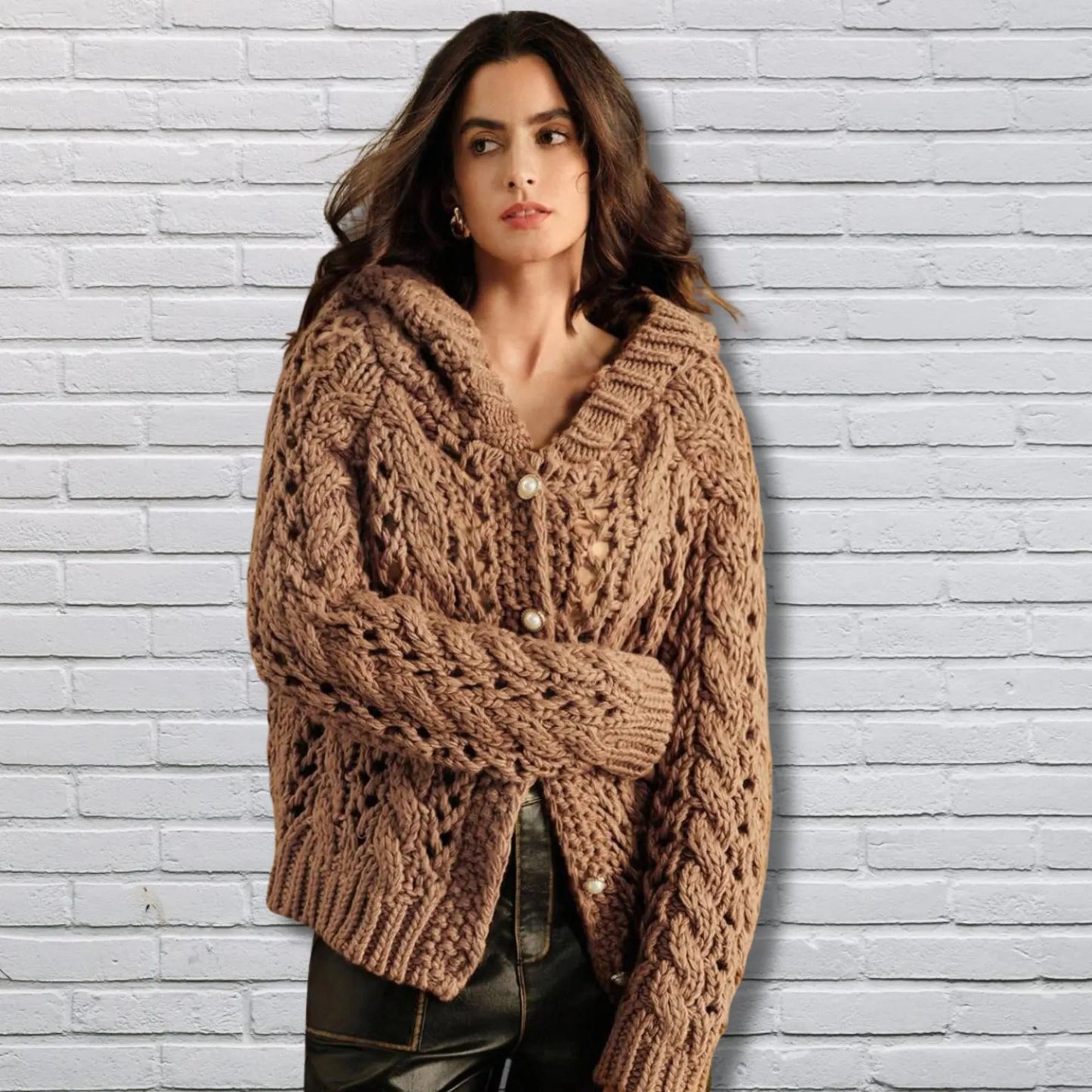 Handmade Crochet Knit Hooded Cardigan: Maillard Autumn Sweater for women