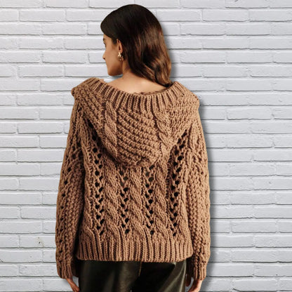 Handmade Crochet Knit Hooded Cardigan: Maillard Autumn Sweater for women