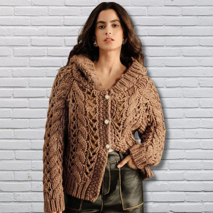 Handmade Crochet Knit Hooded Cardigan: Maillard Autumn Sweater for women