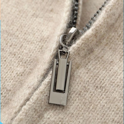 100% Merino Wool Men's Sweater, Cashmere Knit Long Sleeve Top, Mock Collar Zip Cardigan, Thick Winter Warm Outerwear, Winter Clothing