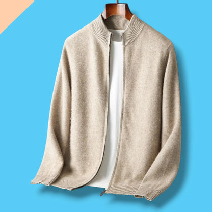 100% Merino Wool Men's Sweater, Cashmere Knit Long Sleeve Top, Mock Collar Zip Cardigan, Thick Winter Warm Outerwear, Winter Clothing
