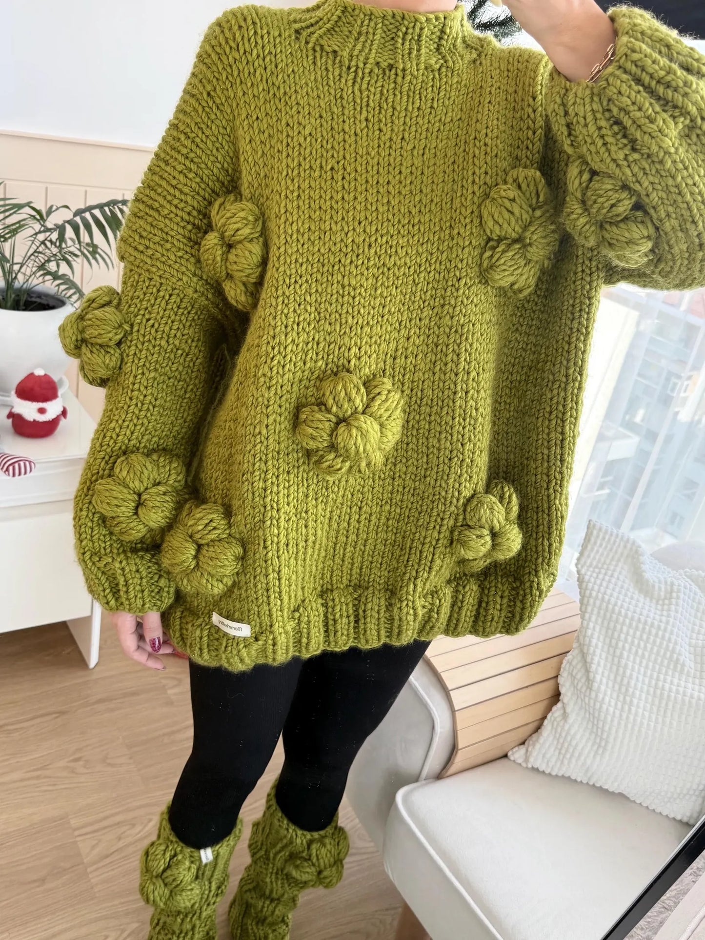 Hand-Knitted Pistachio Green Sweater and Leg Warmers Set – 3D Flower Knitwear