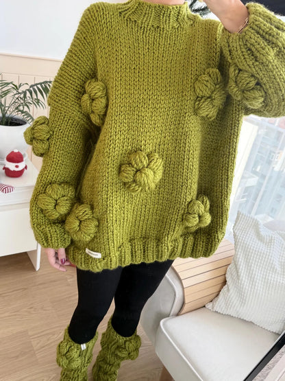 Hand-Knitted Pistachio Green Sweater and Leg Warmers Set – 3D Flower Knitwear