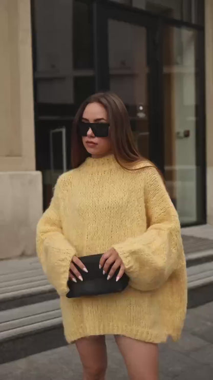Hand-Knit Alpaca Wool Balloon Sleeve Sweater: Lemon Yellow Oversized Fit