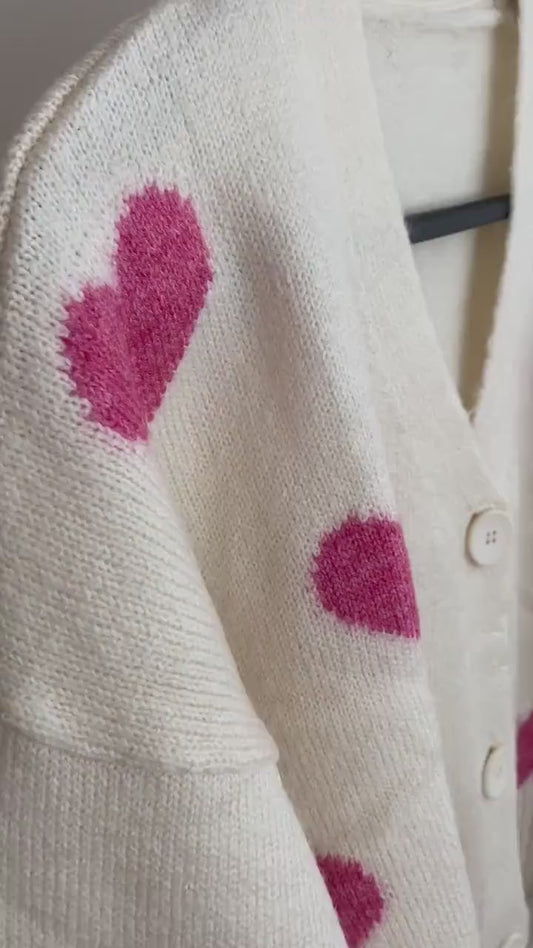 Handmade Soft Pink Chunky Heart Cardigan | Red Punch Needle Hearts Wool-Cotton Knit Crop Sweater | Romantic Y2K Winter Top for Women | Valentine's Gift | Made in India