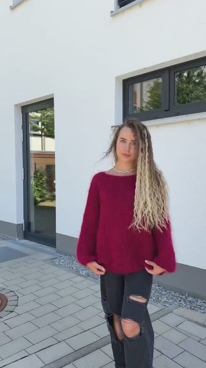 Handmade Red Mohair Knit Sweater: Fluffy Oversized Pullover
