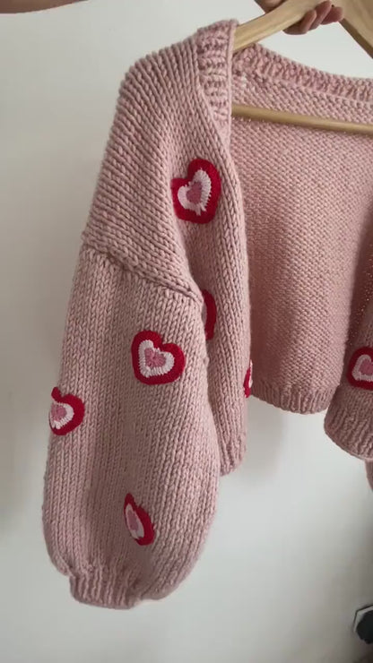 Handmade Soft Pink Chunky Heart Cardigan | Red Heart Applique Wool-Cotton Knit Crop Sweater | Y2K Romantic Winter Top for Women | Made in India