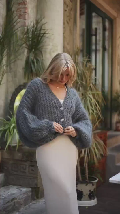 Handmade Mohair Cardigan: Oversized Chunky Knit Sweater with Balloon Sleeves
