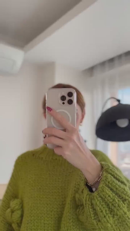 Hand-Knitted Pistachio Green Sweater and Leg Warmers Set – 3D Flower Knitwear